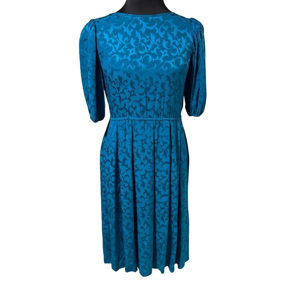 Vintage Saks Fifth Avenue 100% Silk Teal Jacquard Midi Dress Size 6 with Pockets